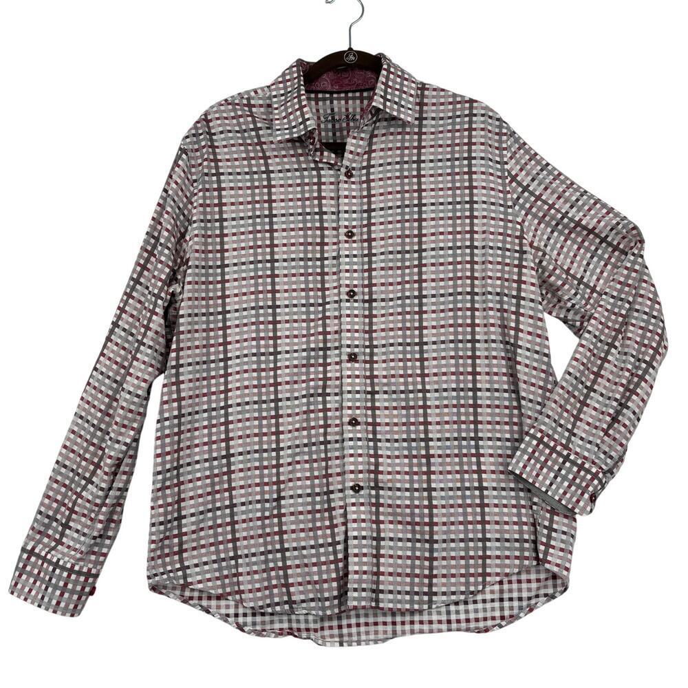 Tasso Elba Button Up Shirt Men's Size L Gray White Red Plaid Long Sleeve Cotton